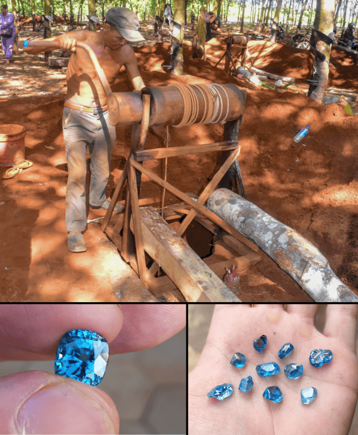 Blue Zircon mine and rough and cut blue zircon